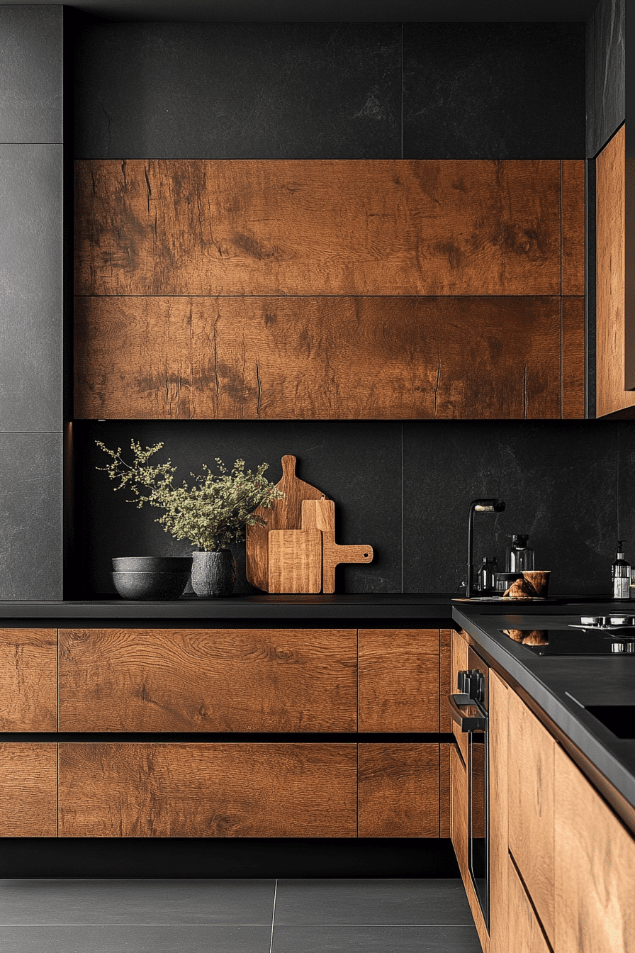textured wood and black cabinetry kitchen