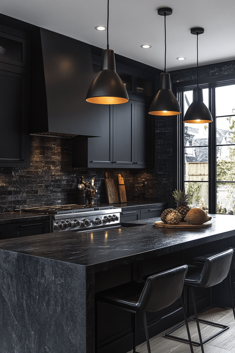 dark stained wood and black kitchen