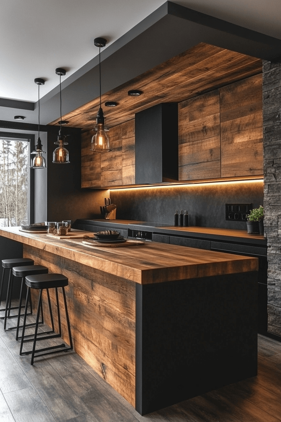 alternating black and wood kitchen