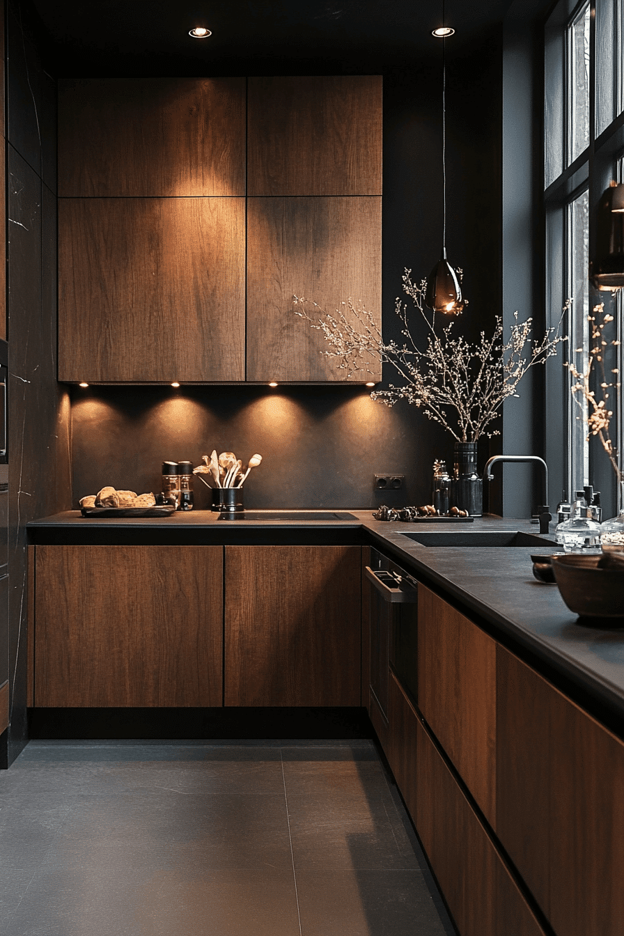 mid-tone wood and black kitchen