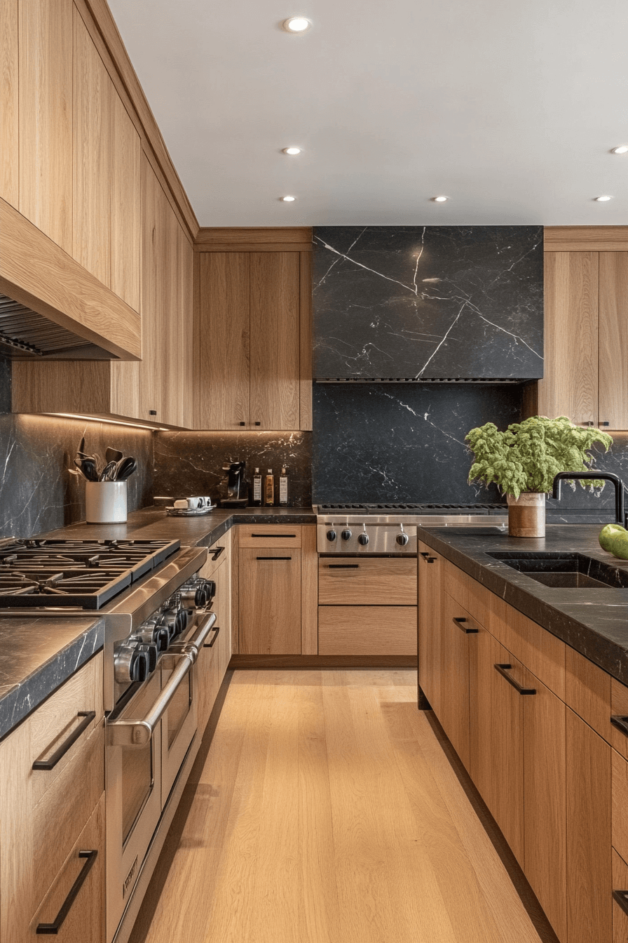 light oak and black kitchen