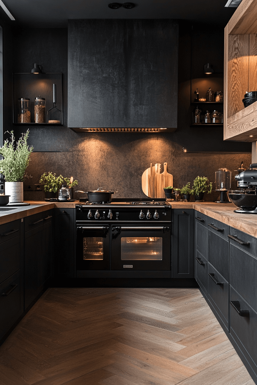 layered charcoal and wood kitchen