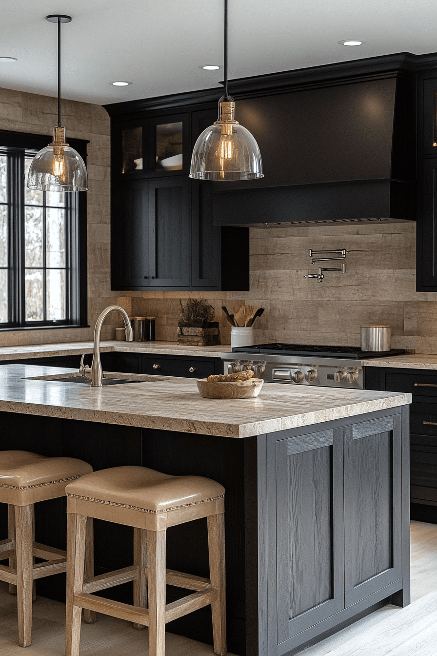 neutral woods and soft black kitchen
