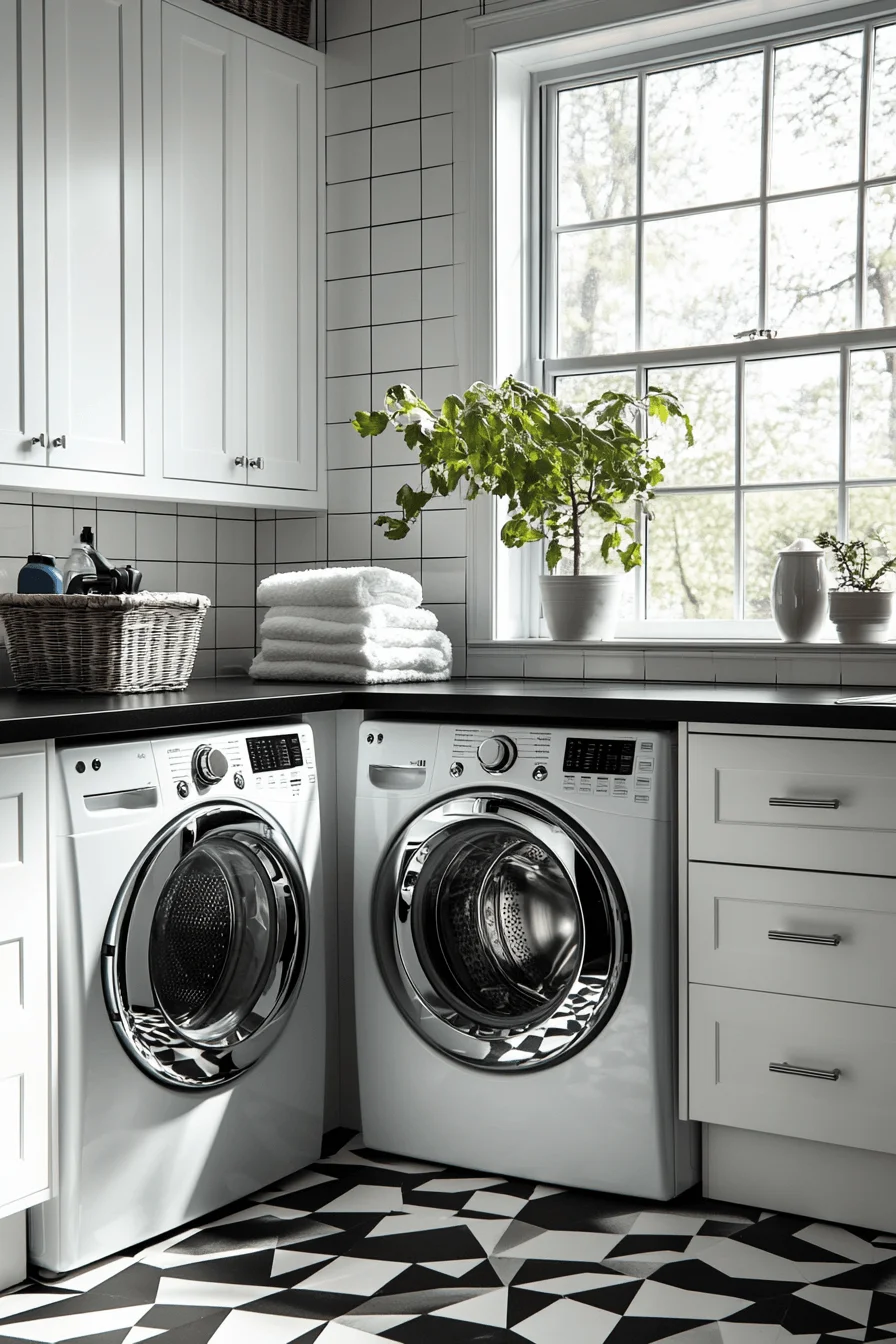 black and white cottage laundry room