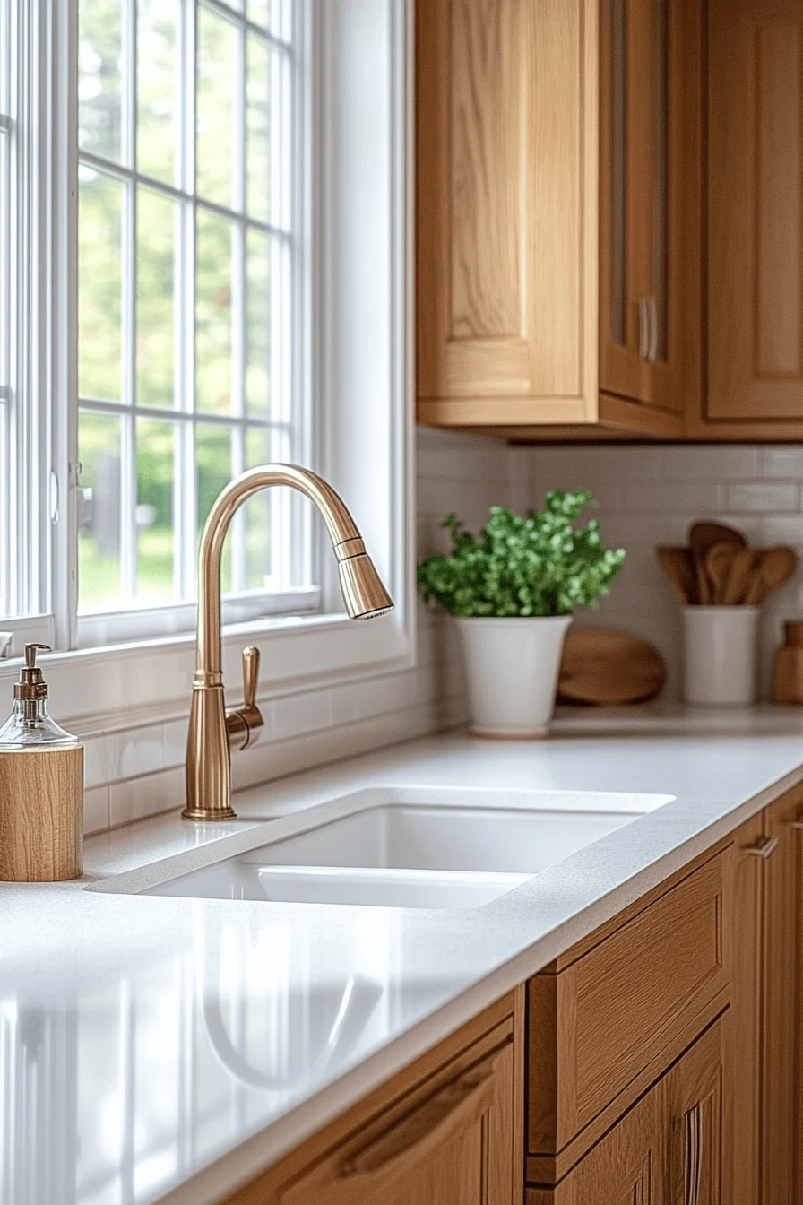 oak cabinets with white countertops