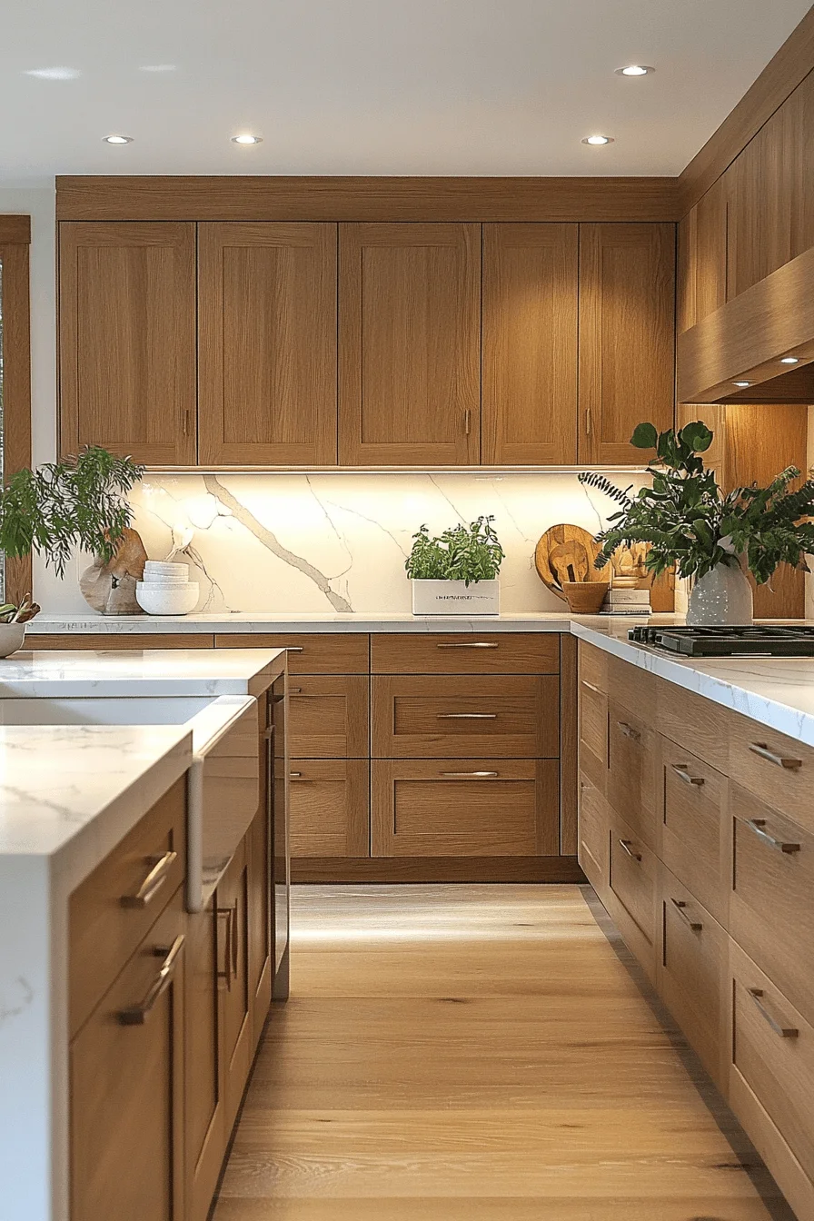 oak cabinets with white countertops