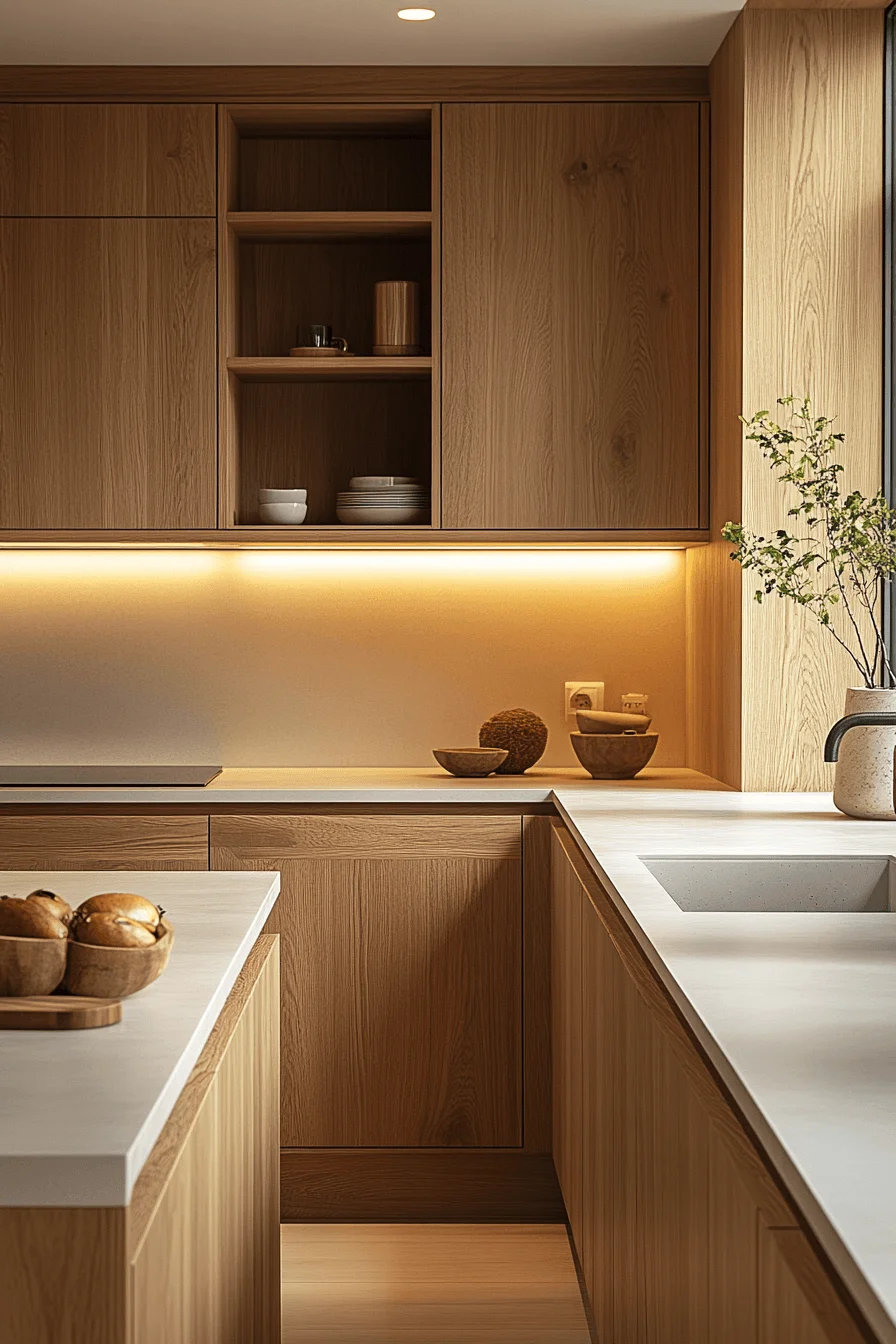 oak cabinets with white countertops