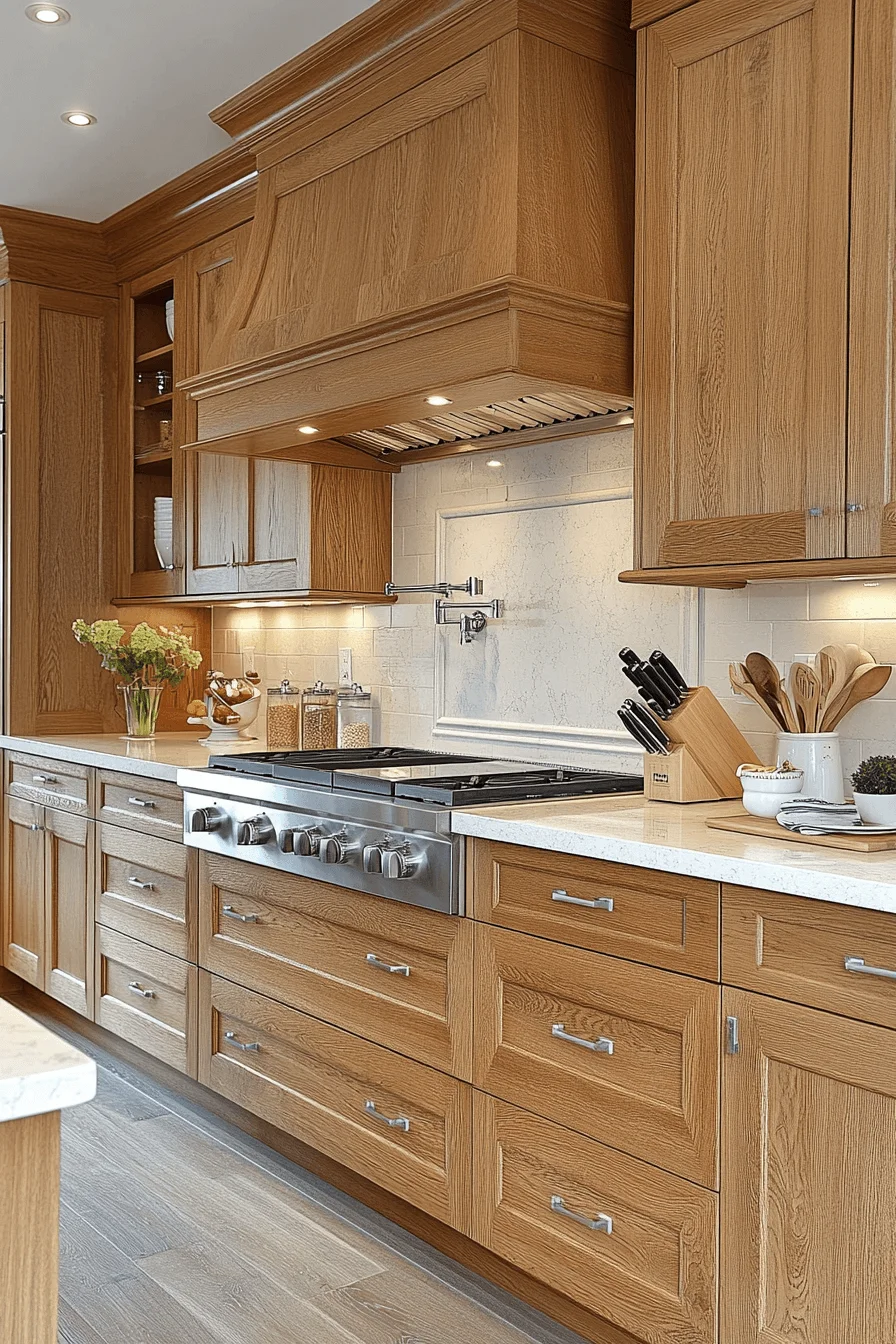 oak cabinets with white countertops