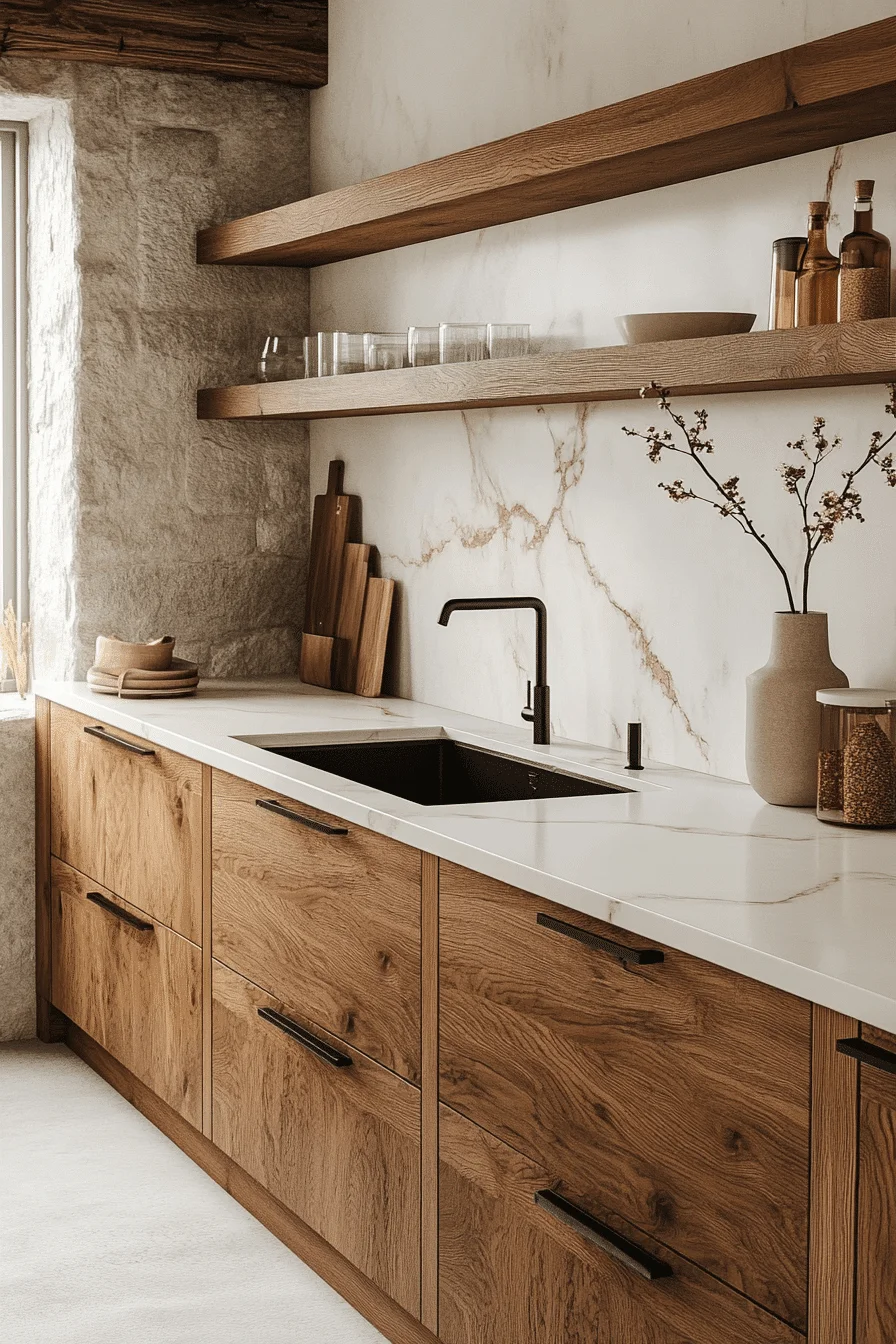 oak cabinets with white countertops