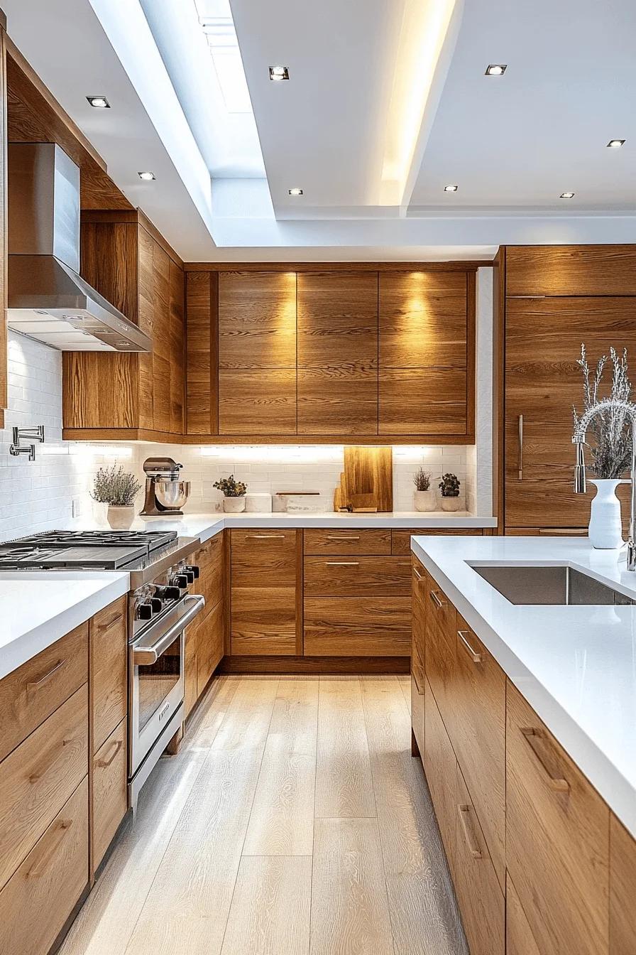 oak cabinets with white countertops