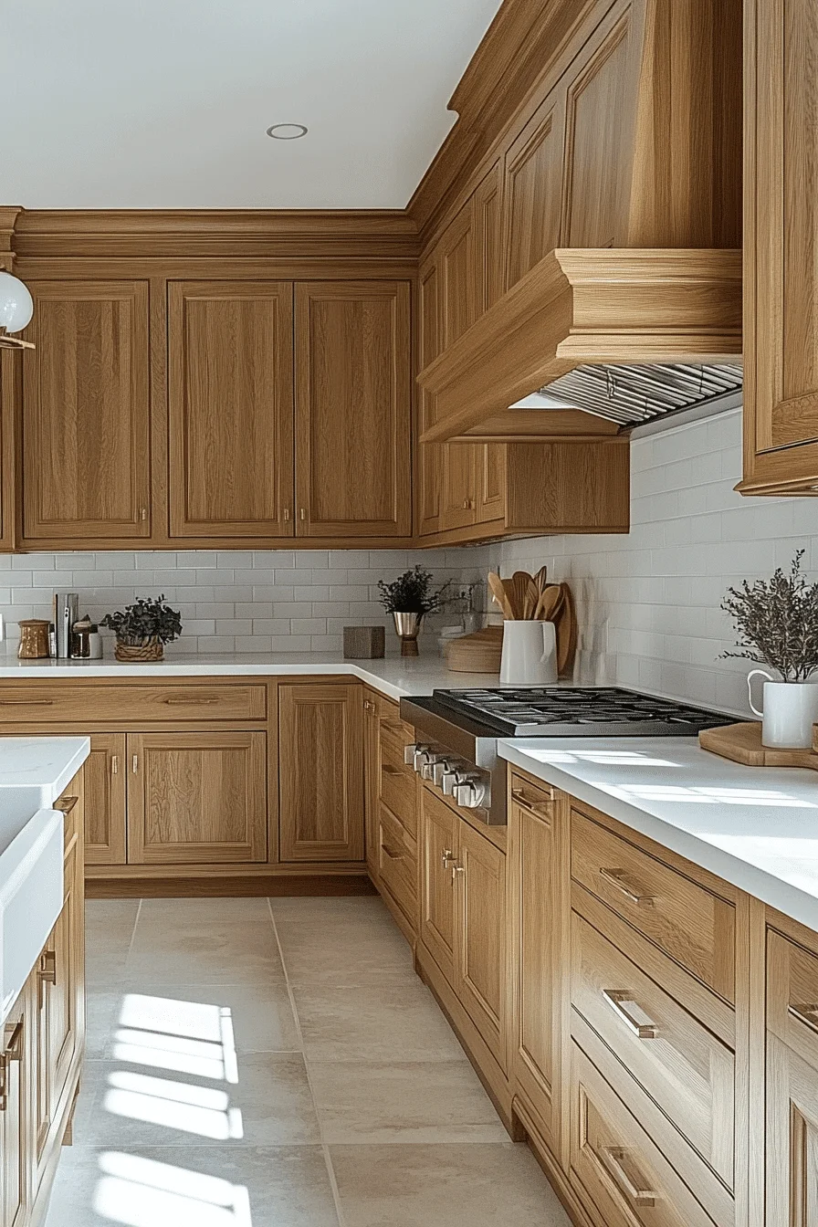 oak cabinets with white countertops