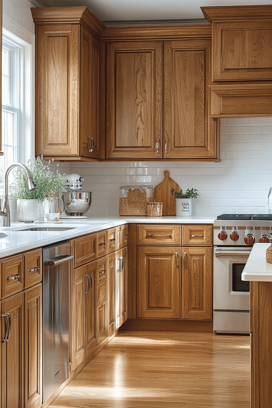 oak cabinets with white countertops
