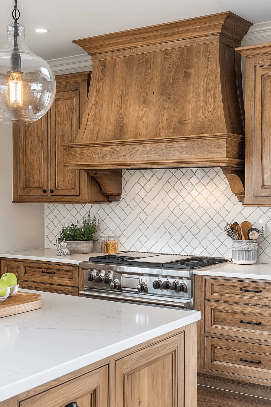 oak cabinets with white countertops