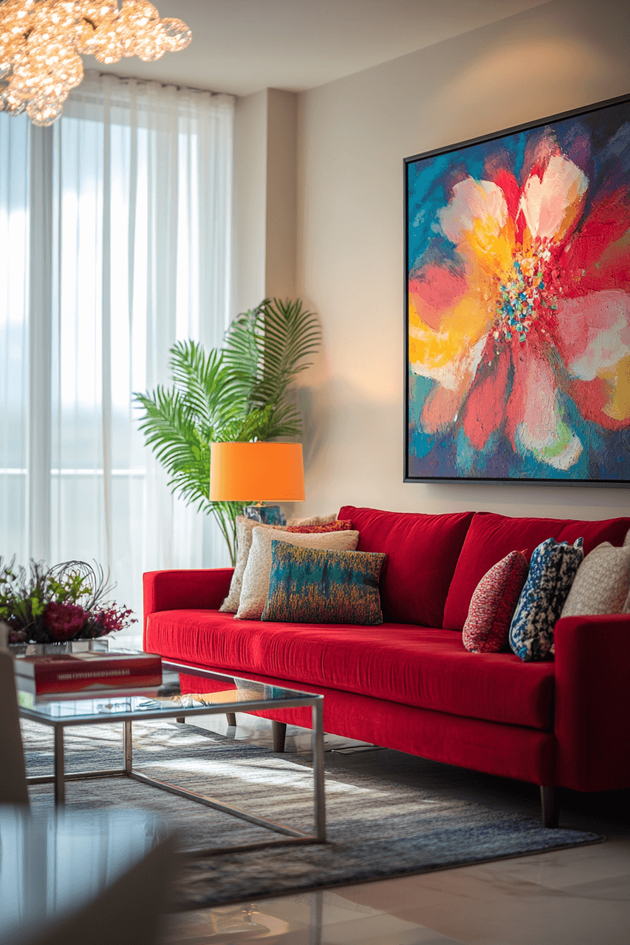 red sofa living room