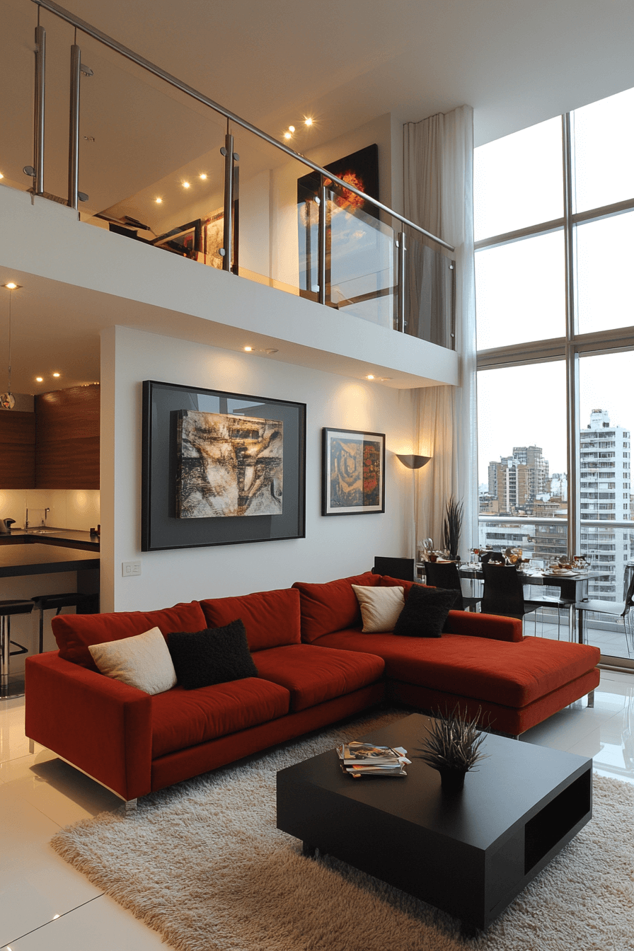 red sofa living room