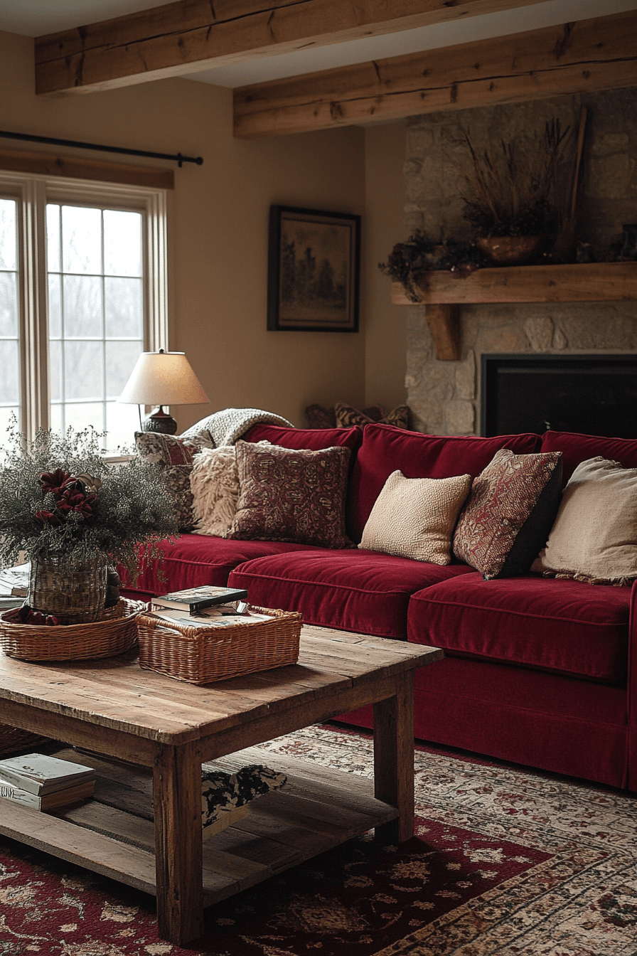 red sofa living room
