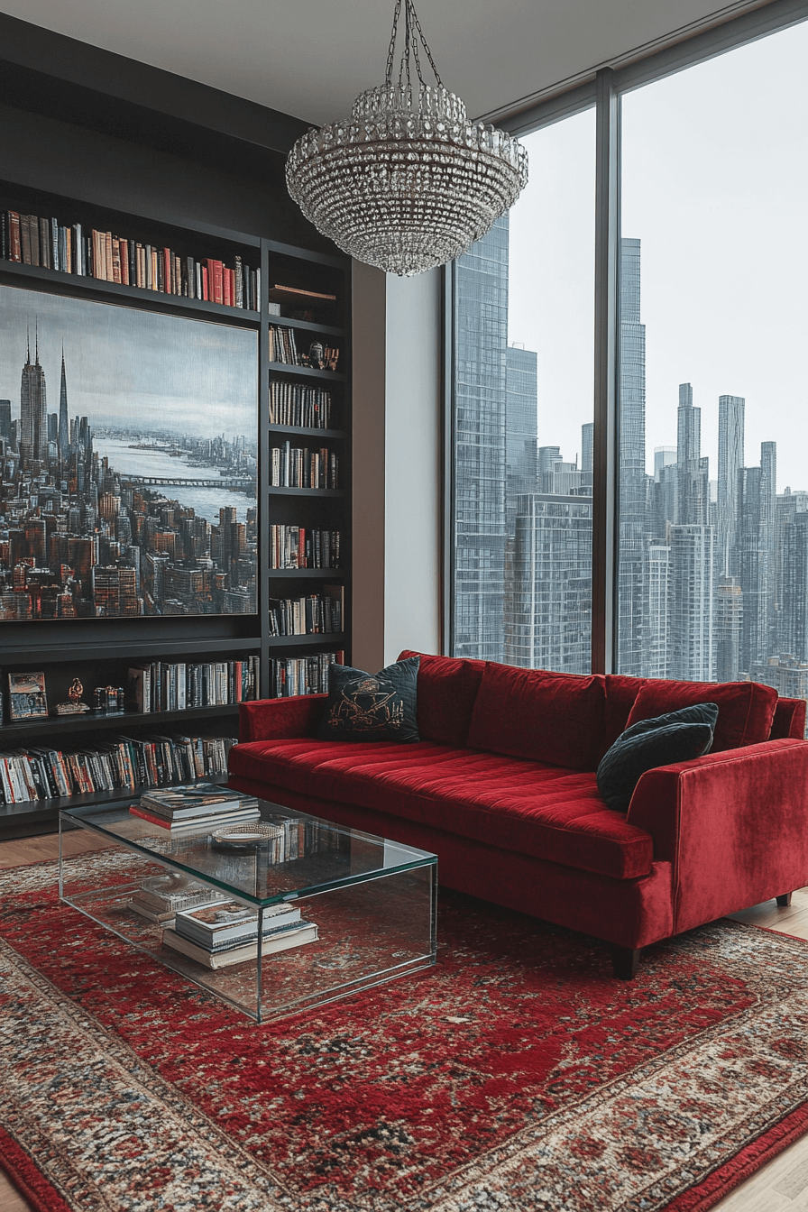 red sofa living room