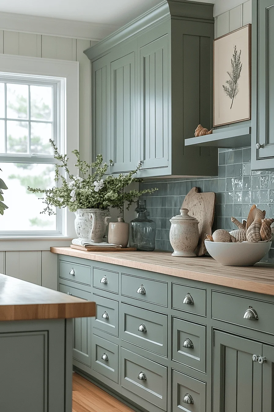 pewter green kitchen cabinets