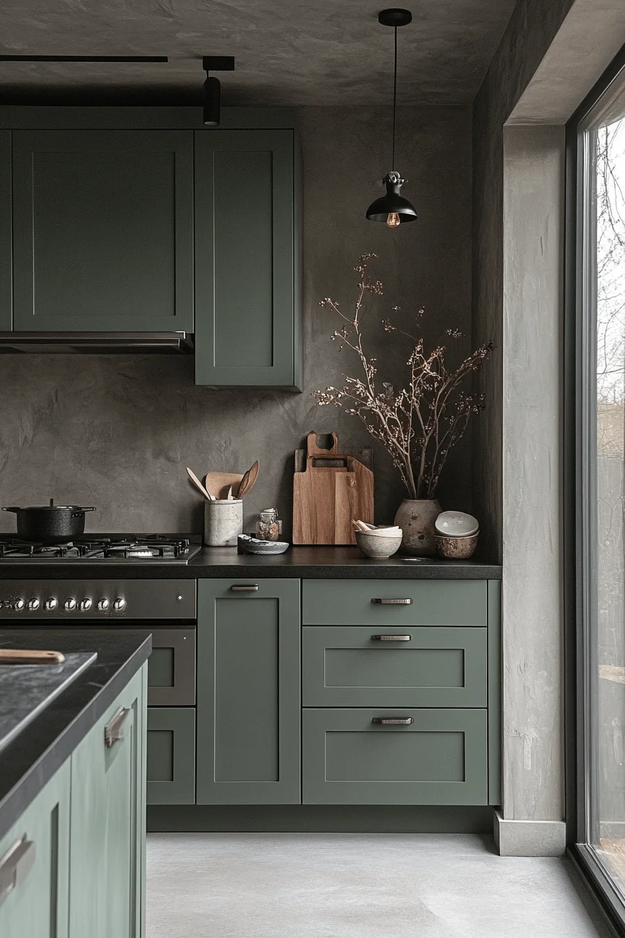 pewter green kitchen cabinets