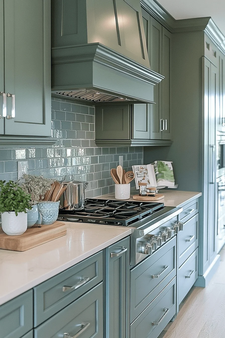pewter green kitchen cabinets