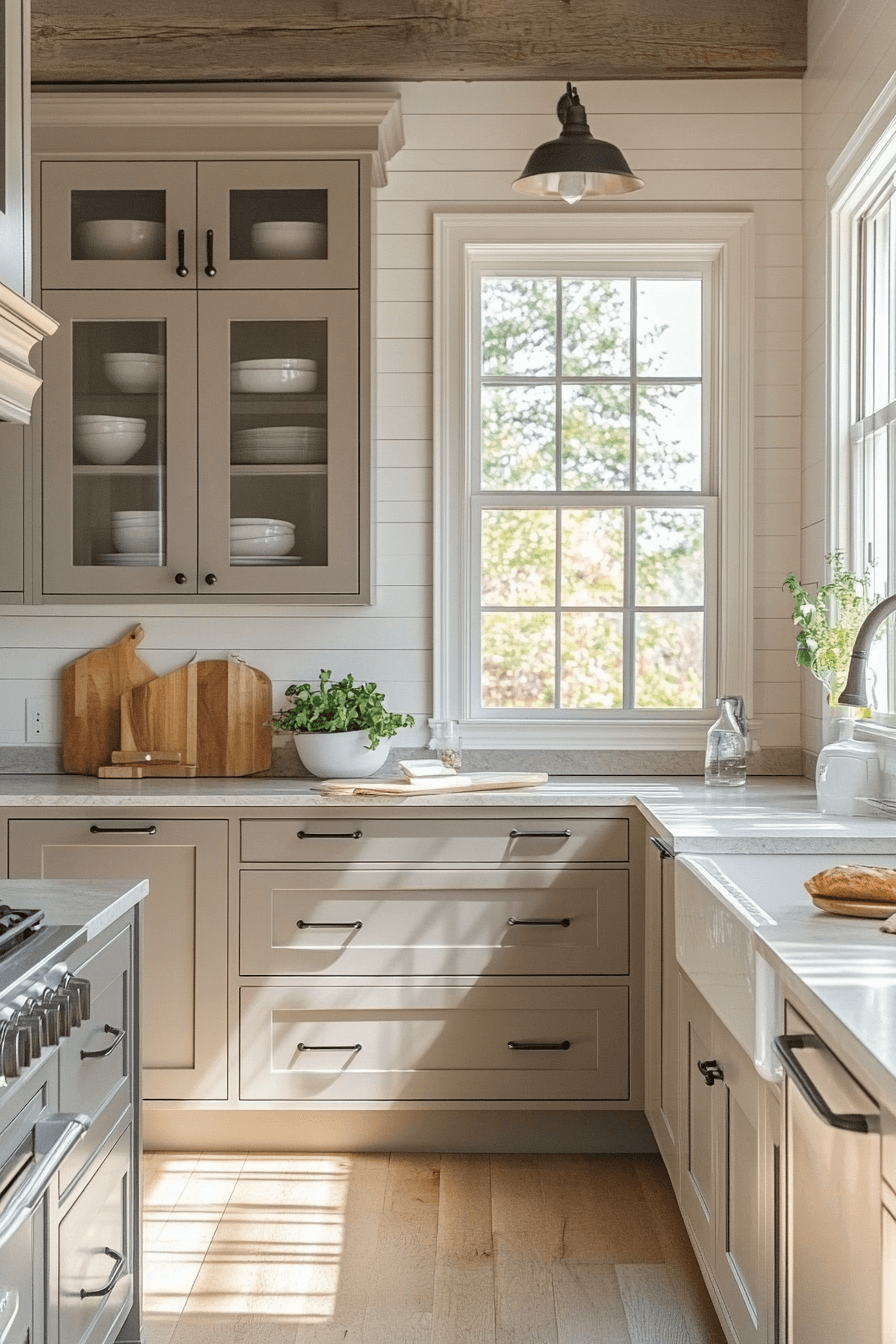 greige kitchen cabinets