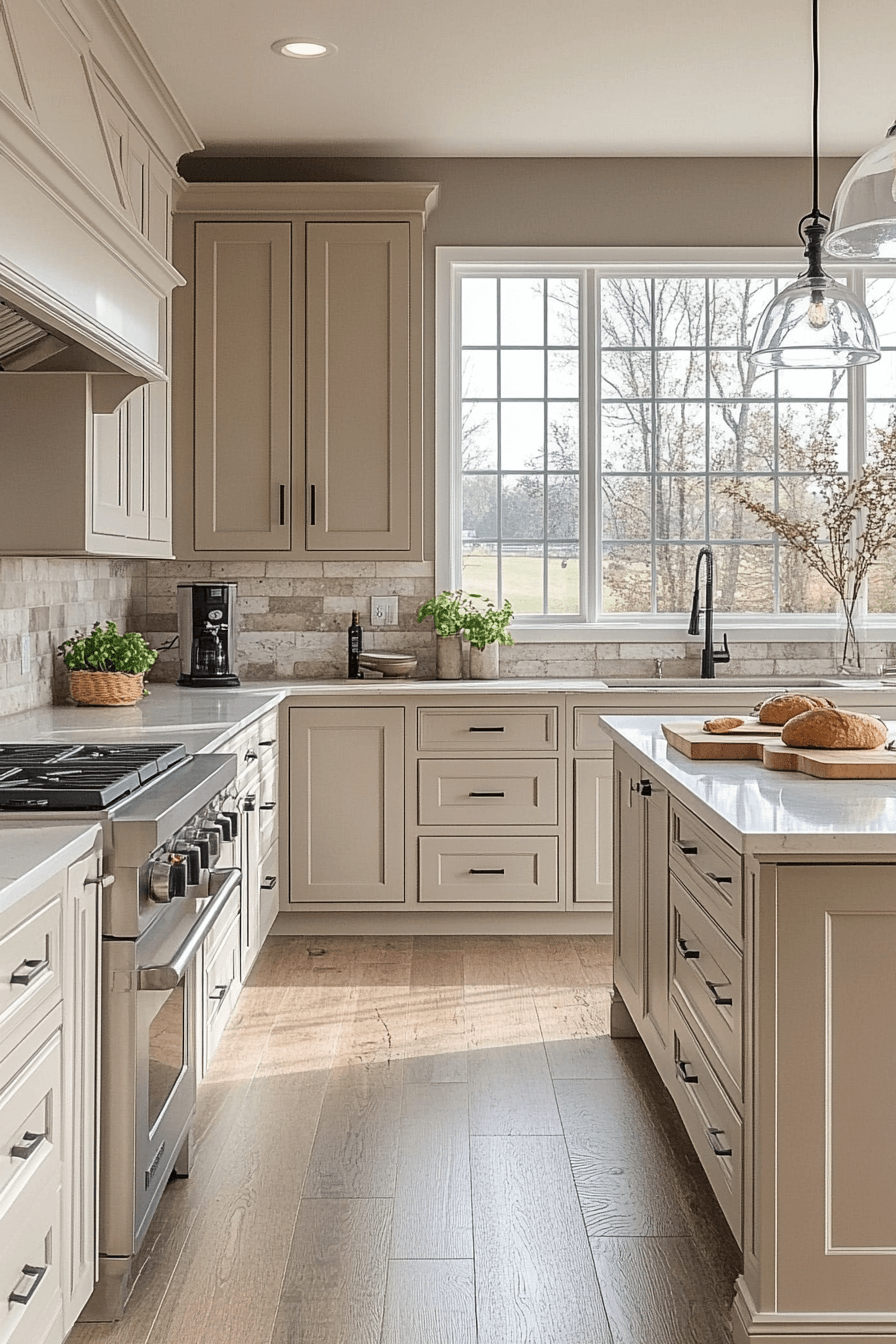 greige kitchen cabinets