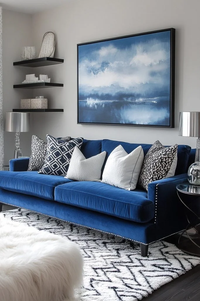 Monochrome Elegance Highlighted by a Deep Blue Sofa