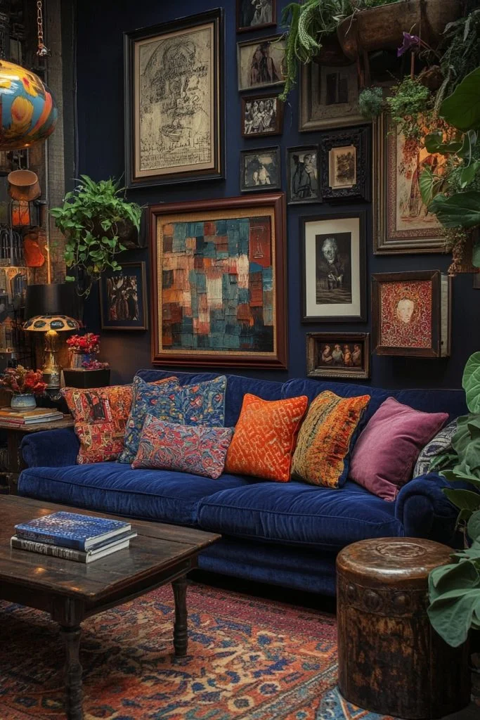 Artistic Eclectic Living with a Cobalt Blue Couch