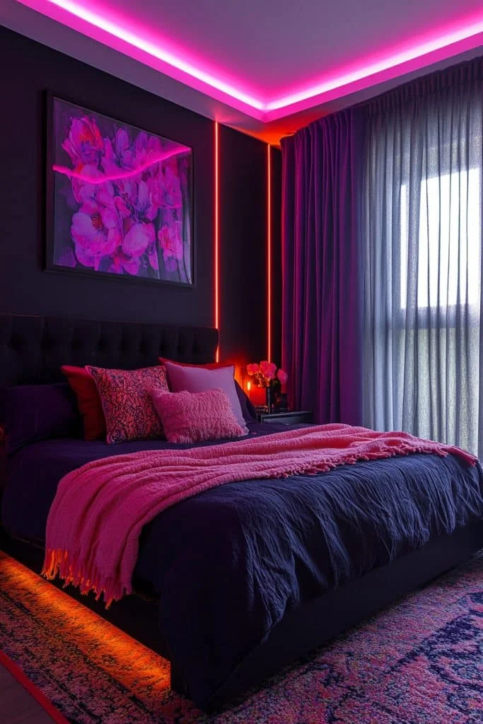 Vibrant Black Bedroom with Neon Highlights