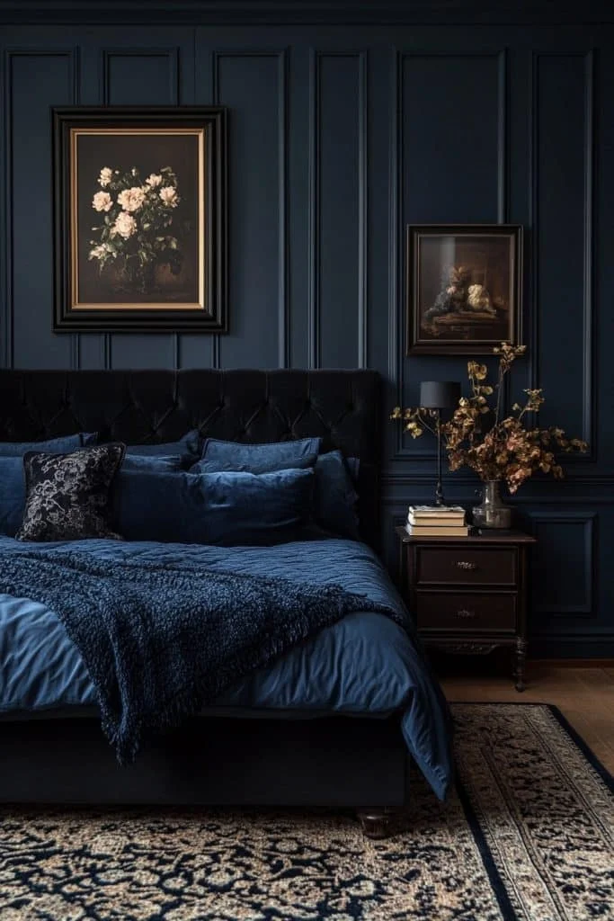 Deep and Soothing Black and Navy Bedroom