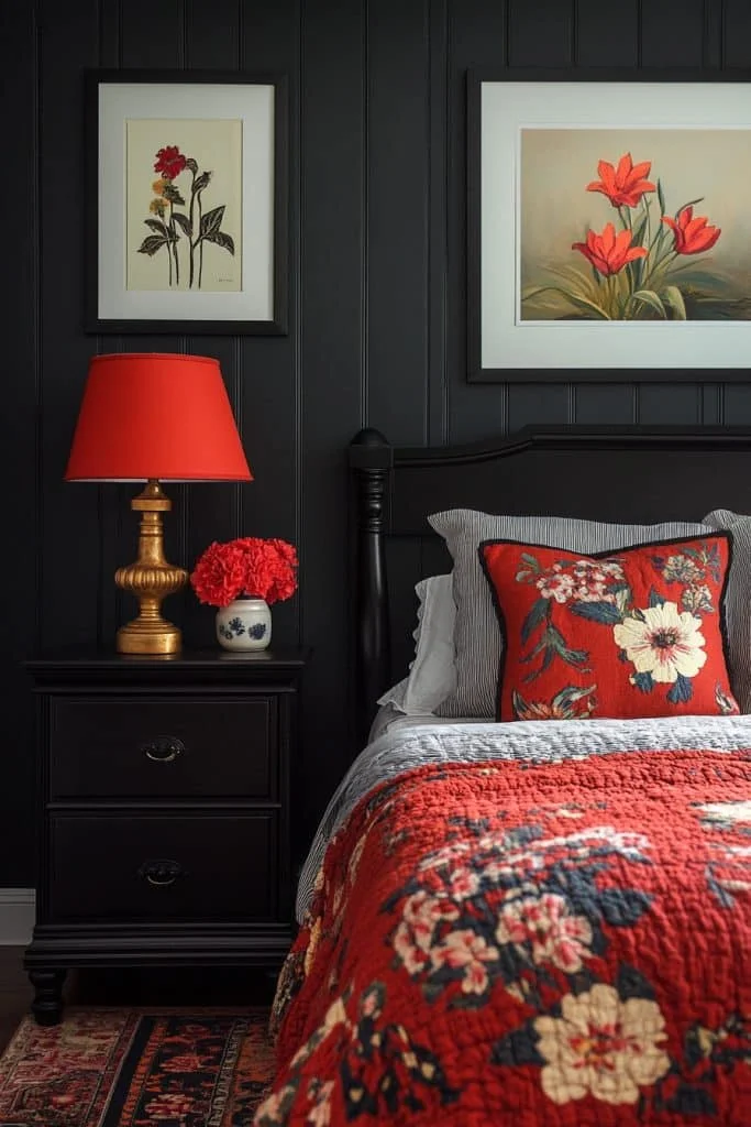 Black Bedroom with Vibrant Color Accents