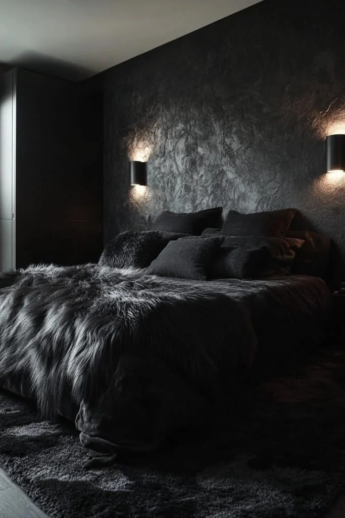 Inviting Black Bedroom with Plush Textures
