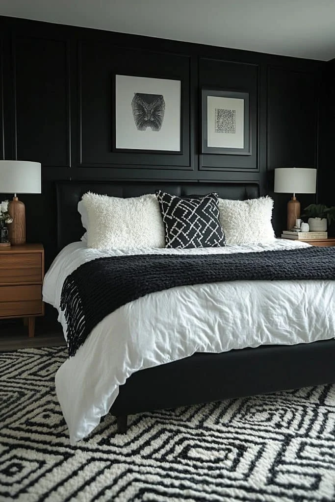 Dynamic Black Bedroom with Geometric Designs