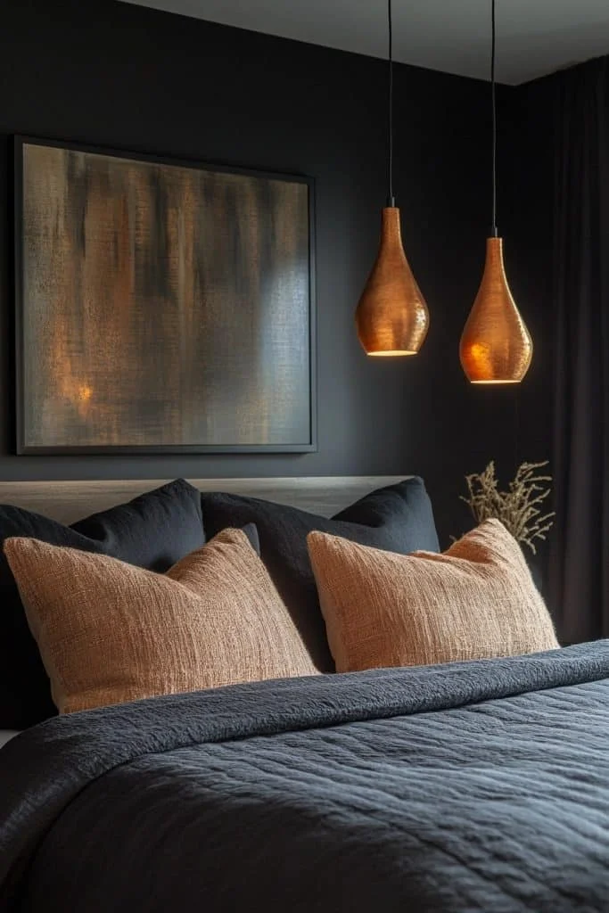 Dramatic Black Bedroom with Statement Lighting