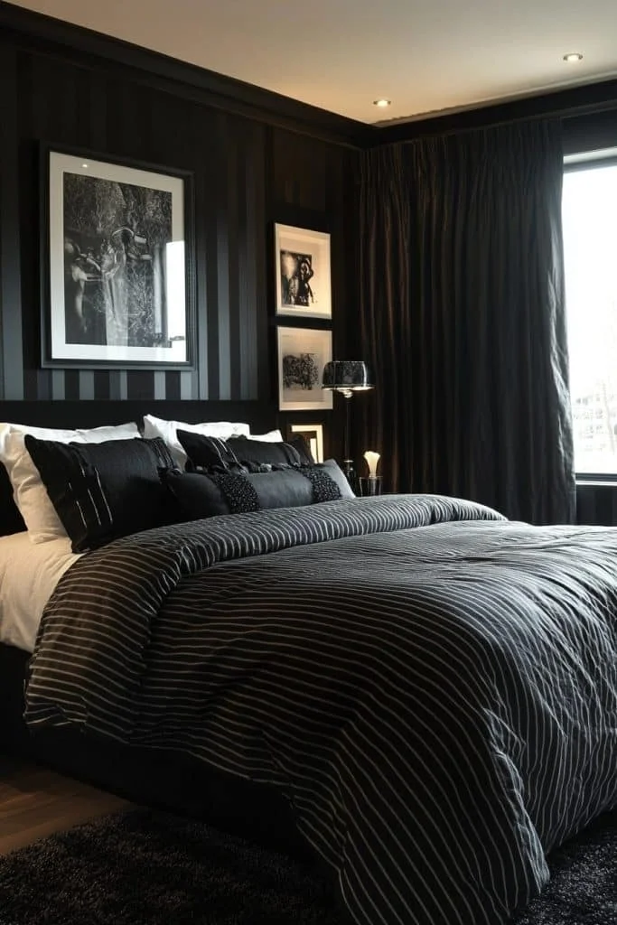 Black Bedroom Featuring Striped Details
