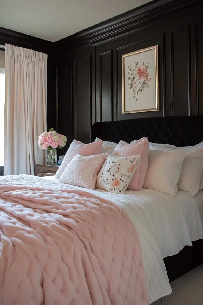 Feminine Black Bedroom with Gentle Accents