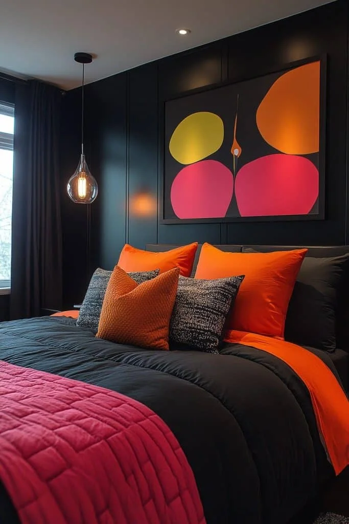Artistic Black Bedroom with Color Blocking