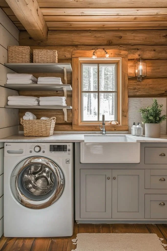 Simplistic Log Home Laundry Room