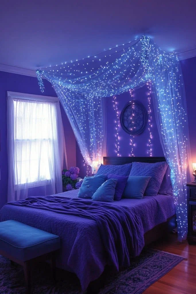 Fairy Light Canopy Over Boho Bed