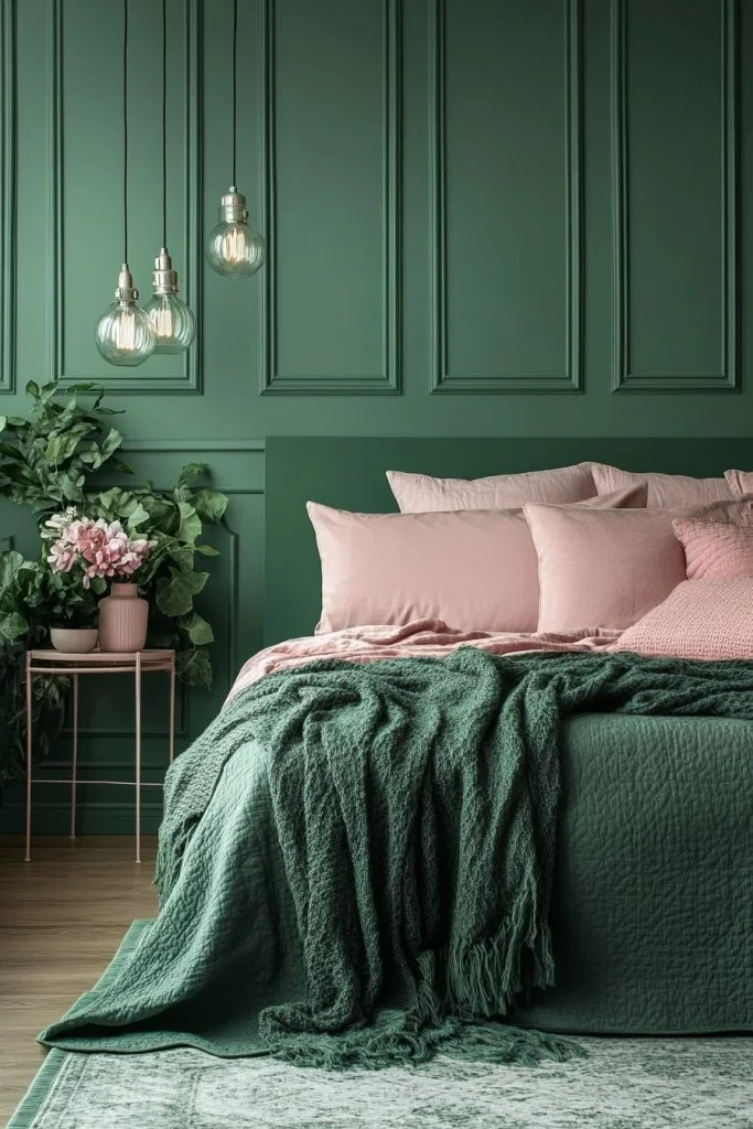 Sleek Kelly Green and Blush Pink Bedroom
