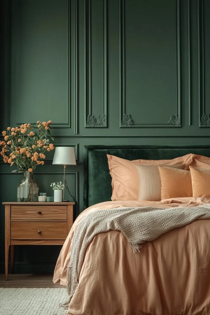 Serene Emerald Green and Soft Peach Bedroom