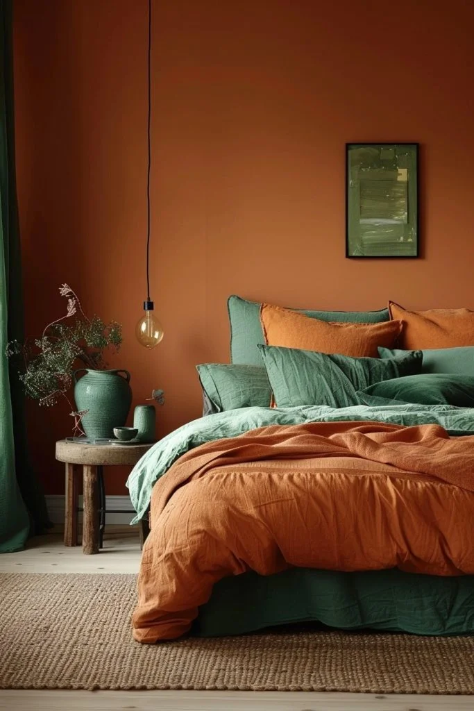 Sleek Minimalist Bedroom with Green and Terracotta Hues