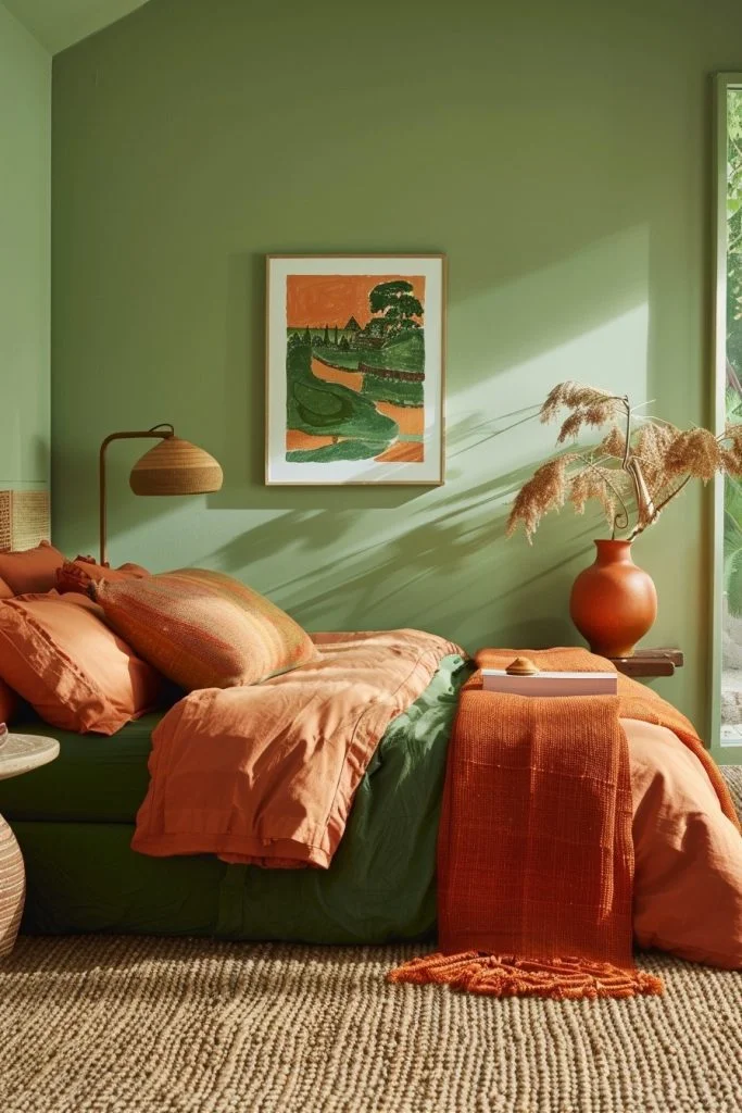 Contemporary Bedroom with Bold Green Walls and Terracotta Accents