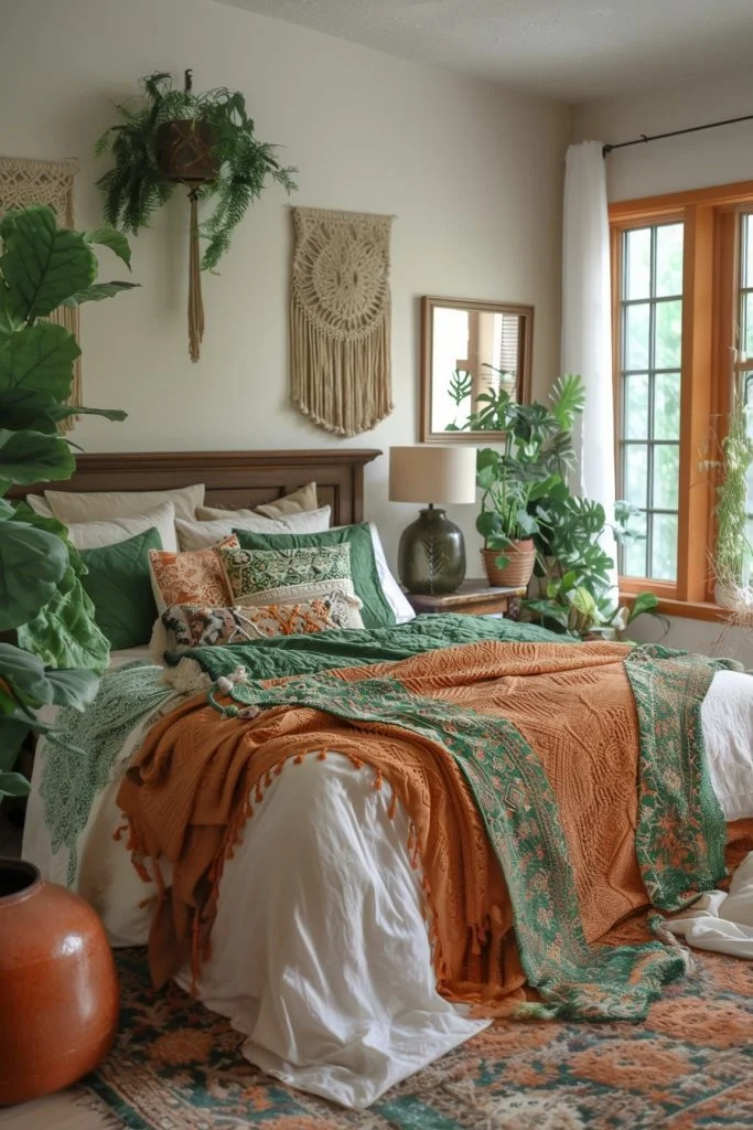 Boho-Chic Bedroom Oasis with Green and Terracotta