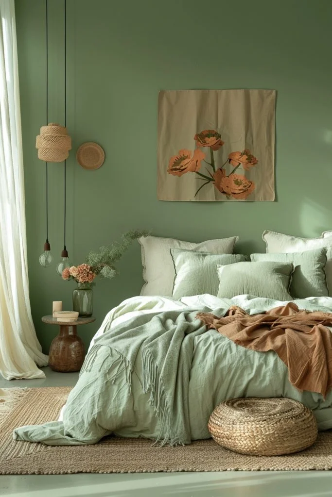 Serene Bedroom with Soft Green and Terracotta Accents