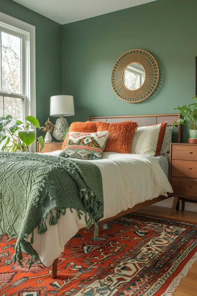 Mid-Century Modern Green and Terracotta Bedroom