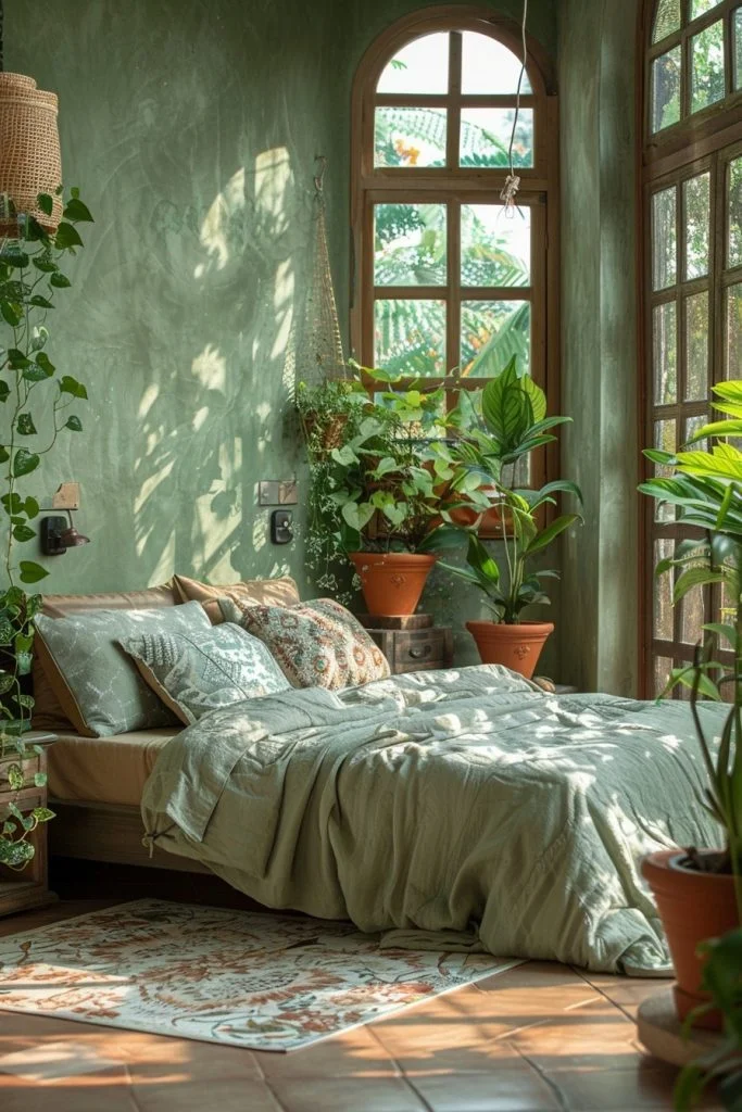 Nature-Inspired Green and Terracotta Bedroom