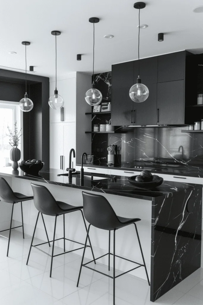 Bold Black Countertops Against White Walls