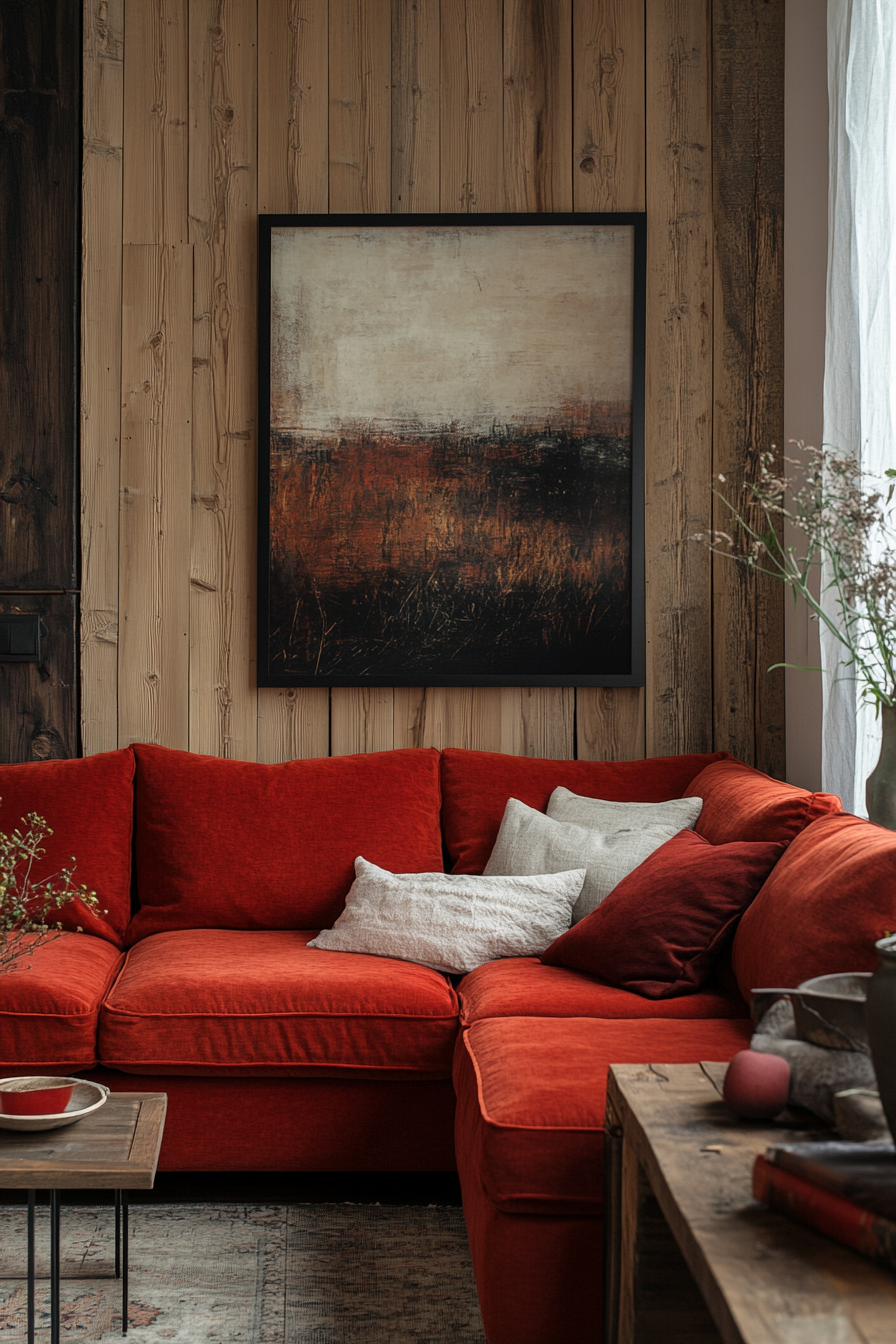 red sofa living room