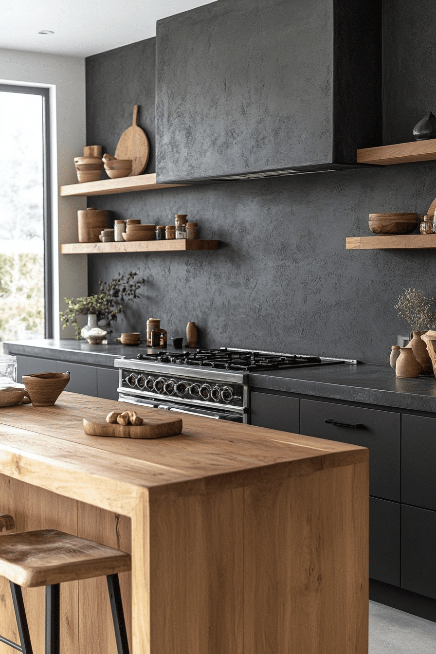 matte black and warm wood kitchen
